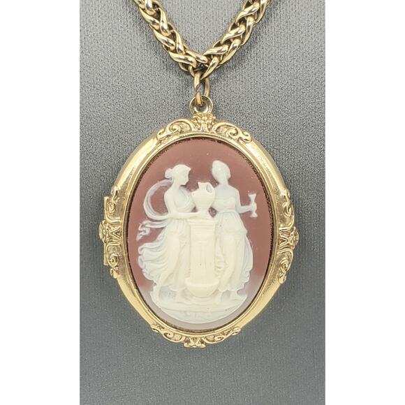 Antiquities Couture/1928 Jewelry Carnelian Grecian Muses Cameo Locket Necklace - Picture 1 of 8